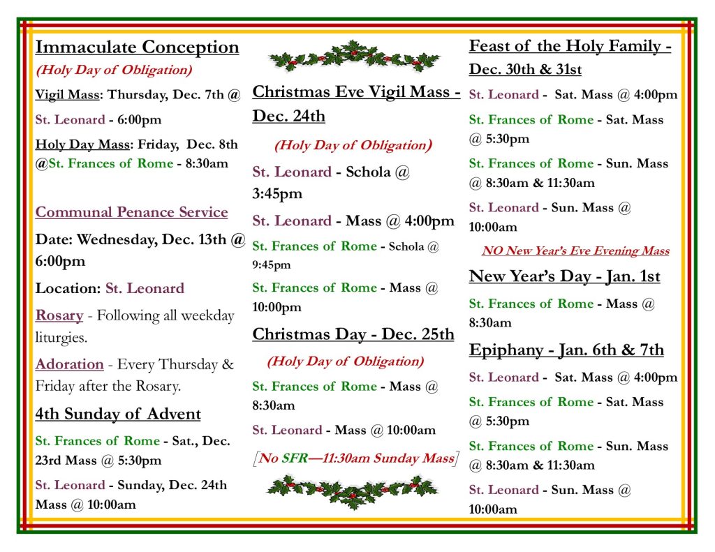 Advent & Christmas Mass Times and Event Schedule
